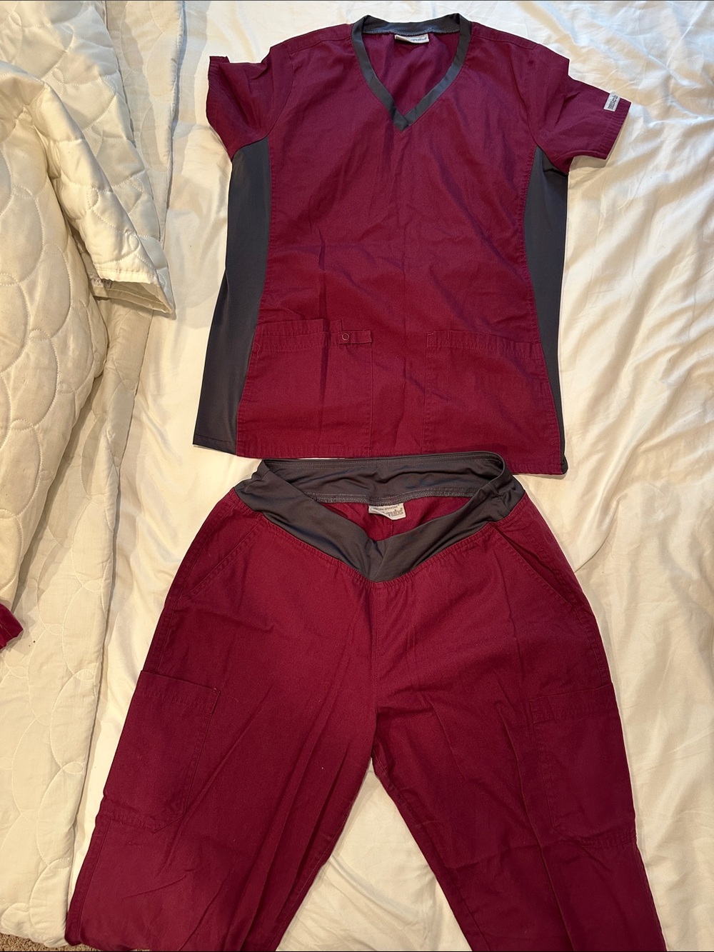 Women’s UA Scrubs Burgundy and Dark Gray V-Neck Scrub Top and Pants Set